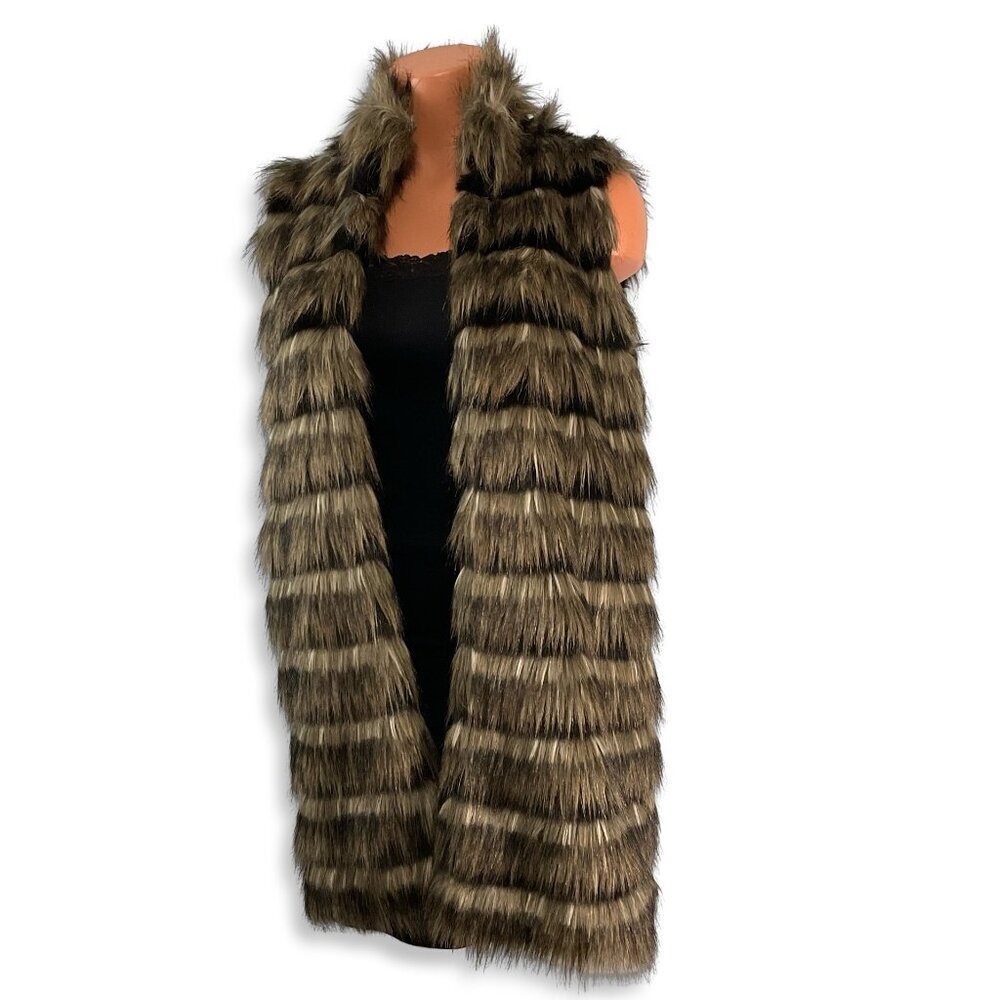 Donna Salyers Fab Furs Boho Chic Vest Womens S Black Tan Faux Fox Lined Pockets - Picture 4 of 11